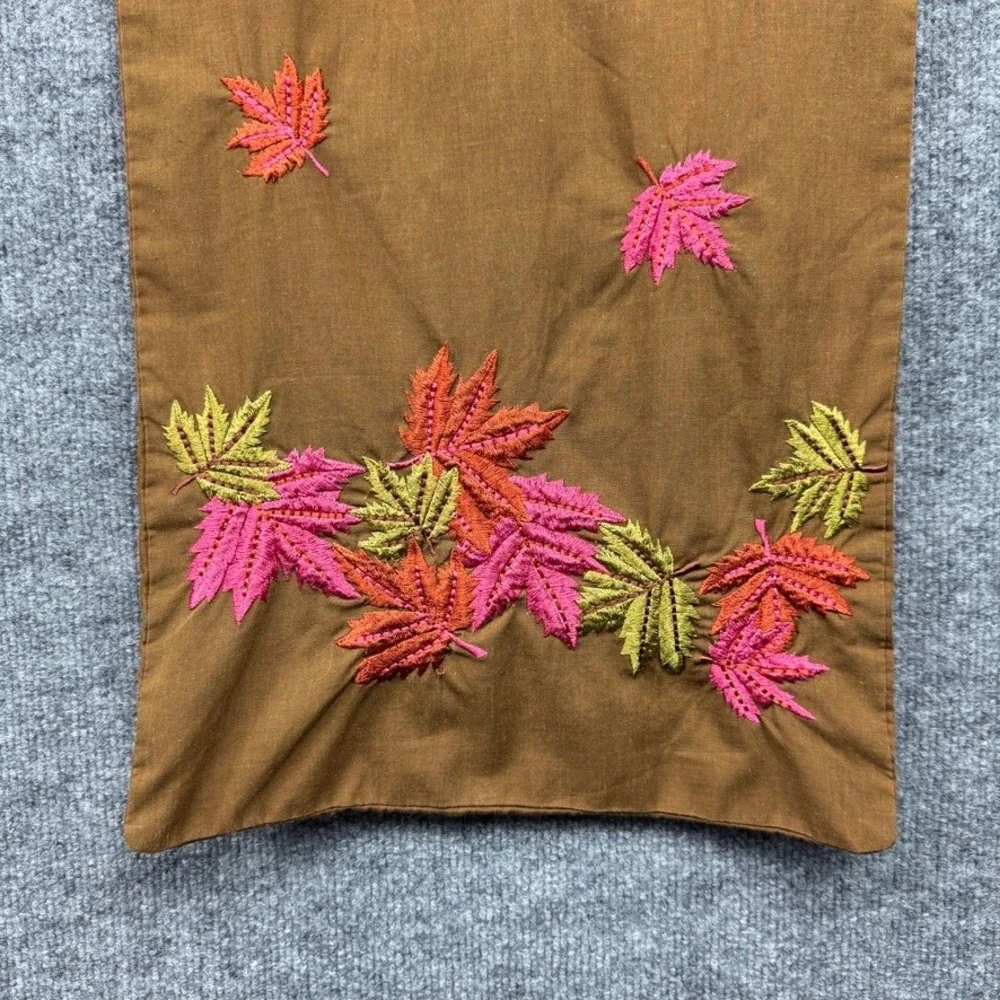Embroidered Table Runner Brown‎ Pink Green Autumn Fall Leaves Thanksgiving Decor
